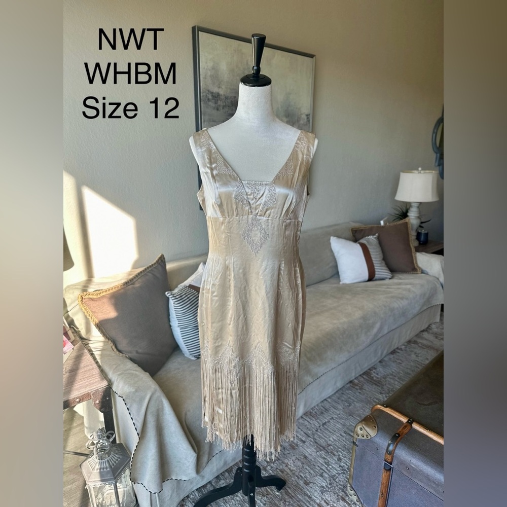NWT WHBM champagne gold silk cocktail dress